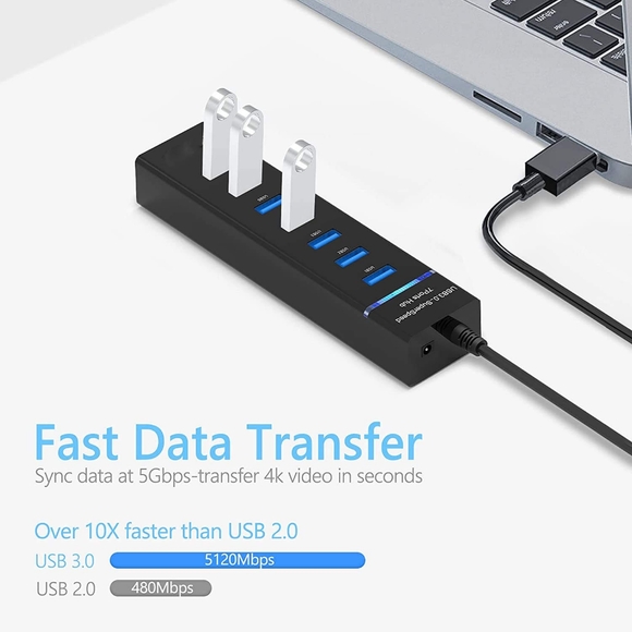7-Port USB 3.0 Hub,  Data USB Hub Splitter with 3.3Ft Long Cable for Laptop, PC - Picture 3 of 4